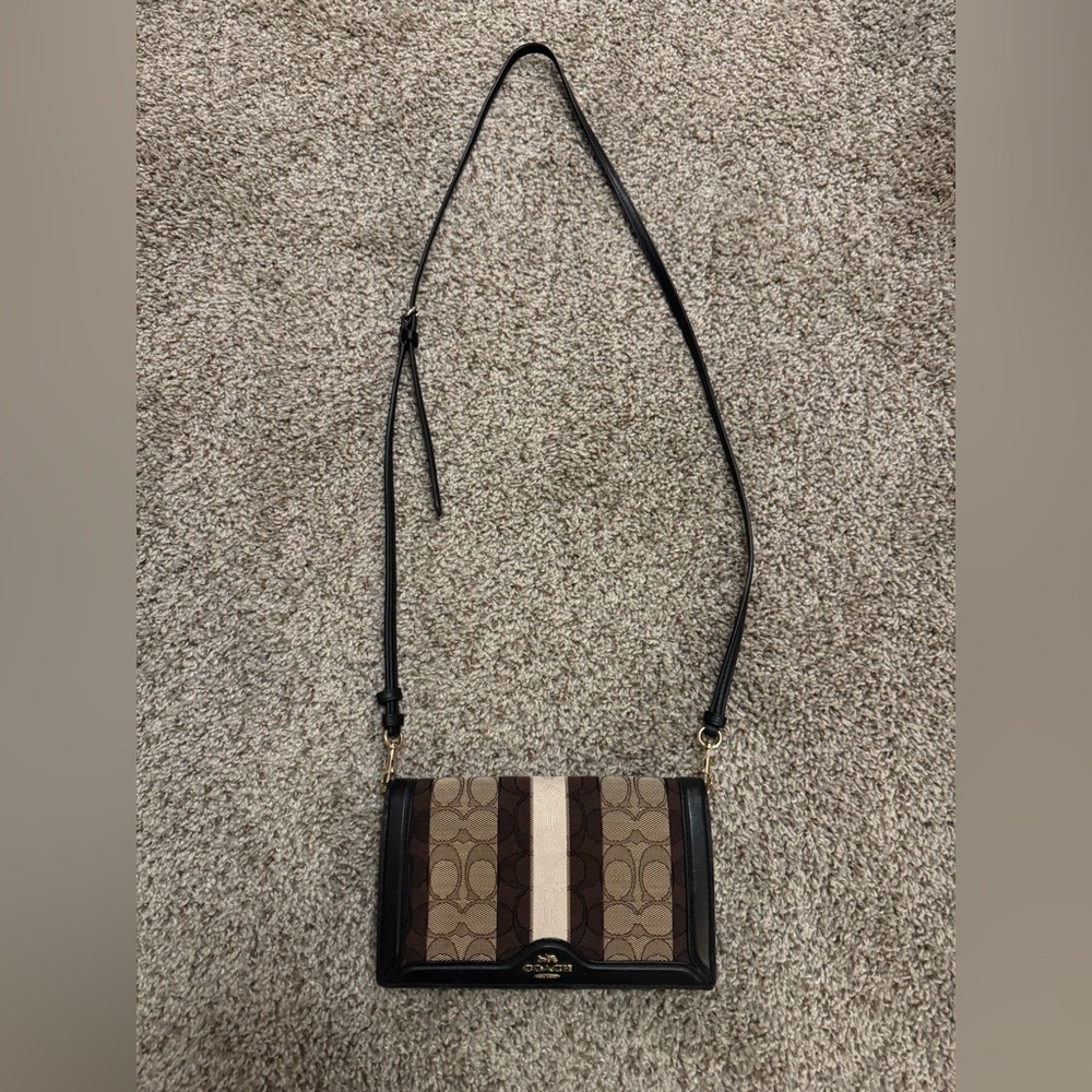 Coach Signature Stripe Crossbody Bag in Brown and Black
